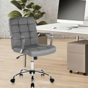 Vassio Belina Executive Medium Back Chair Grey Colour – Leatherette Revolving Chair with Chrome Base and Armrests