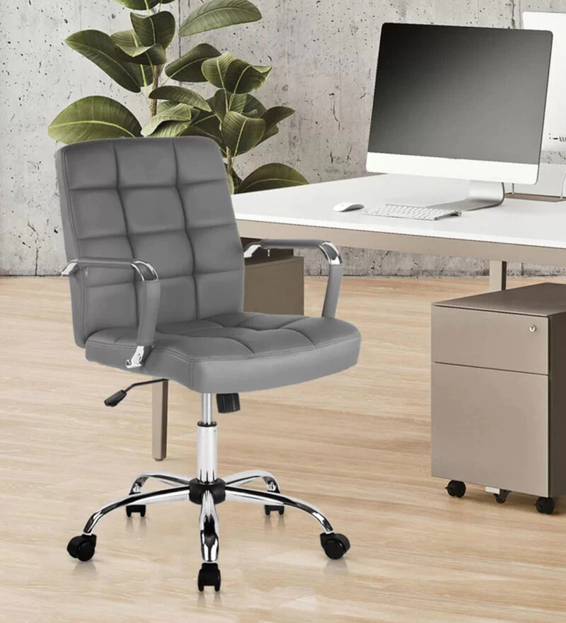 Vassio Belina Executive Medium Back Chair Grey Vassio Belina Executive Medium Back Chair Grey Colour – Leatherette Revolving Chair with Chrome Base and Armrests