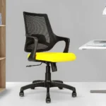 Buy the Vassio Bloom Mesh Office Chair Black Yellow – a stylish, breathable, and ergonomic mid-back revolving chair. Ideal for home offices or workspaces. Durable nylon base, smooth wheels, and 2-year warranty. Made in India.