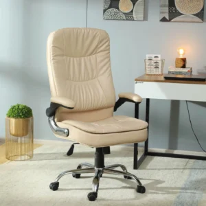Vassio Drift High Back Revolving Chair in Beige Leatherette with Chrome Base and Nylon Wheels – Premium Office Chair by Vassio