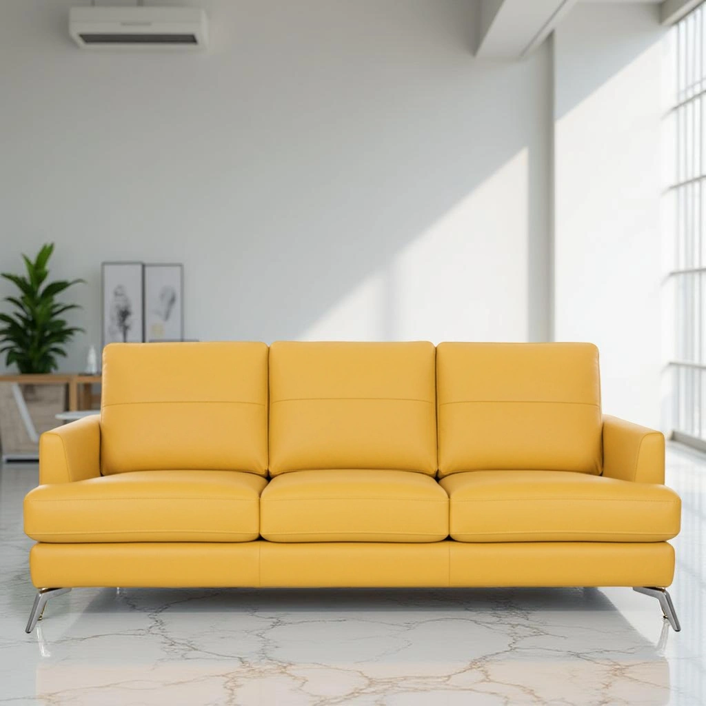 Arina 3 Seater Sofa Yellow 1 Arina 3 Seater Leatherette Sofa in Pestel Yellow with Metal Legs, High-Density Foam and Recron Fibre Filling by Vassio – Modern Premium Sofa Made in India
