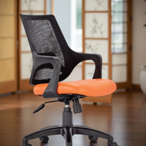 Vassio Bloom Orange Office Chair with Black Mesh Back and Leatherette Seat – Ergonomic Mid-Back Revolving Chair