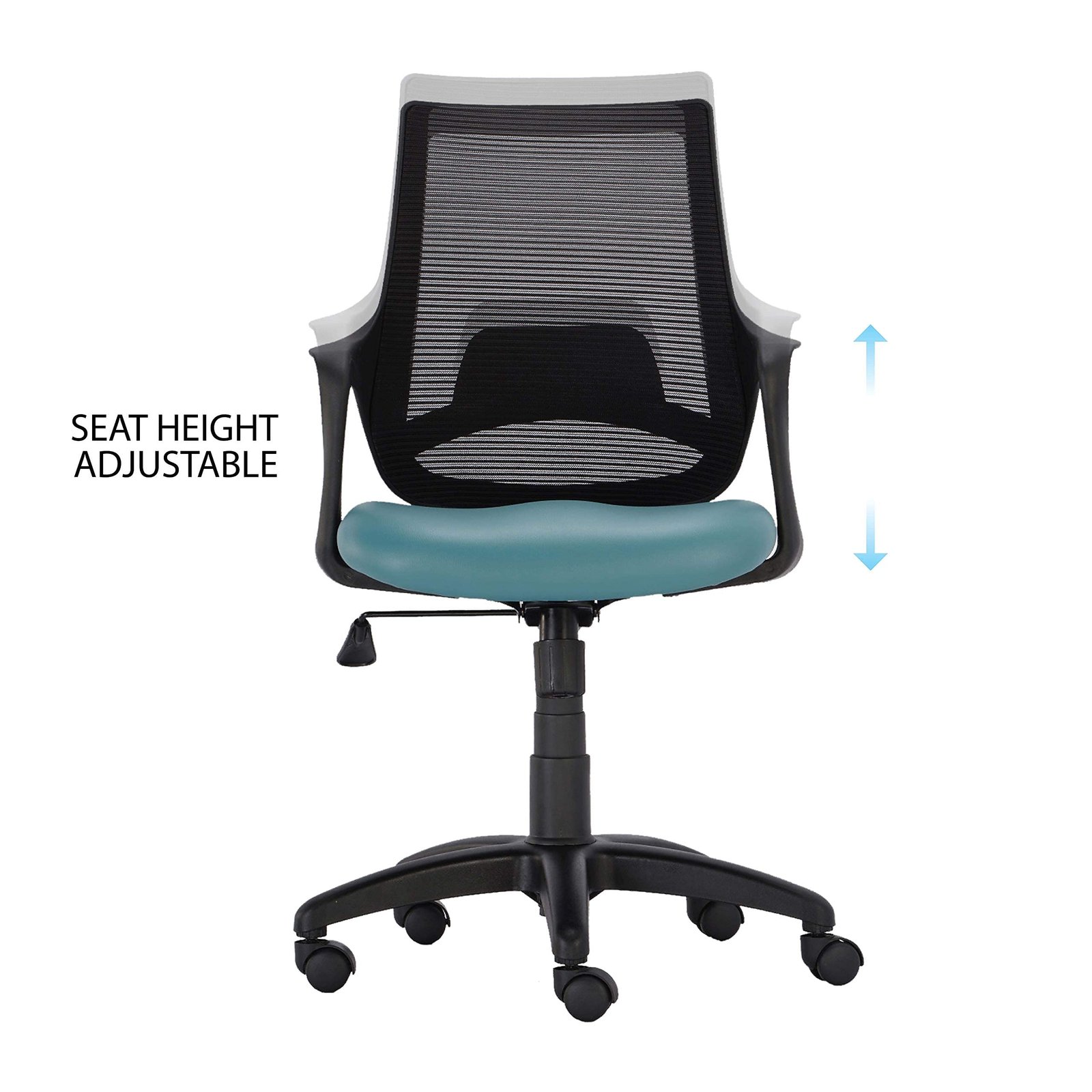 Bloom Revolving Chair Teal Blue Leatherette Seat (2) Vassio Bloom Revolving Chair Teal Blue with Leatherette Seat and Black Mesh Back – Ergonomic Office Chair for Home and Work