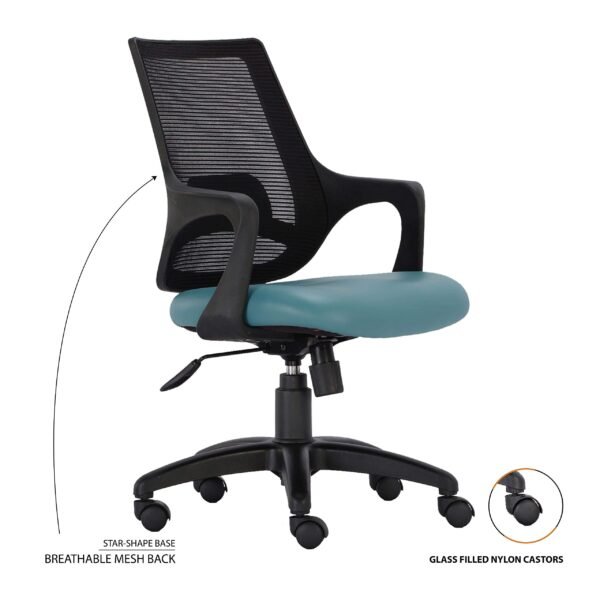 Vassio Bloom Revolving Chair Teal Blue with Leatherette Seat and Black Mesh Back – Ergonomic Office Chair for Home and Work