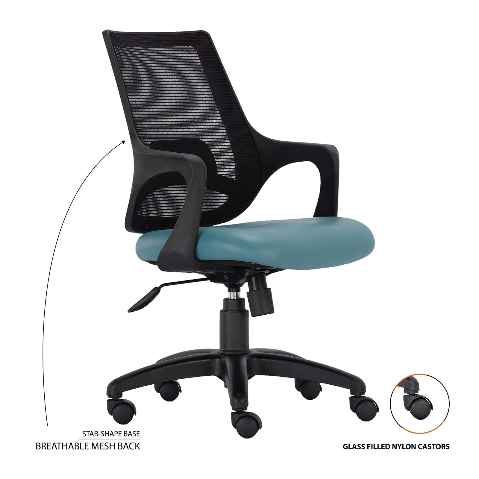 Bloom Revolving Chair Teal Blue Leatherette Seat (3) Vassio Bloom Revolving Chair Teal Blue with Leatherette Seat and Black Mesh Back – Ergonomic Office Chair for Home and Work