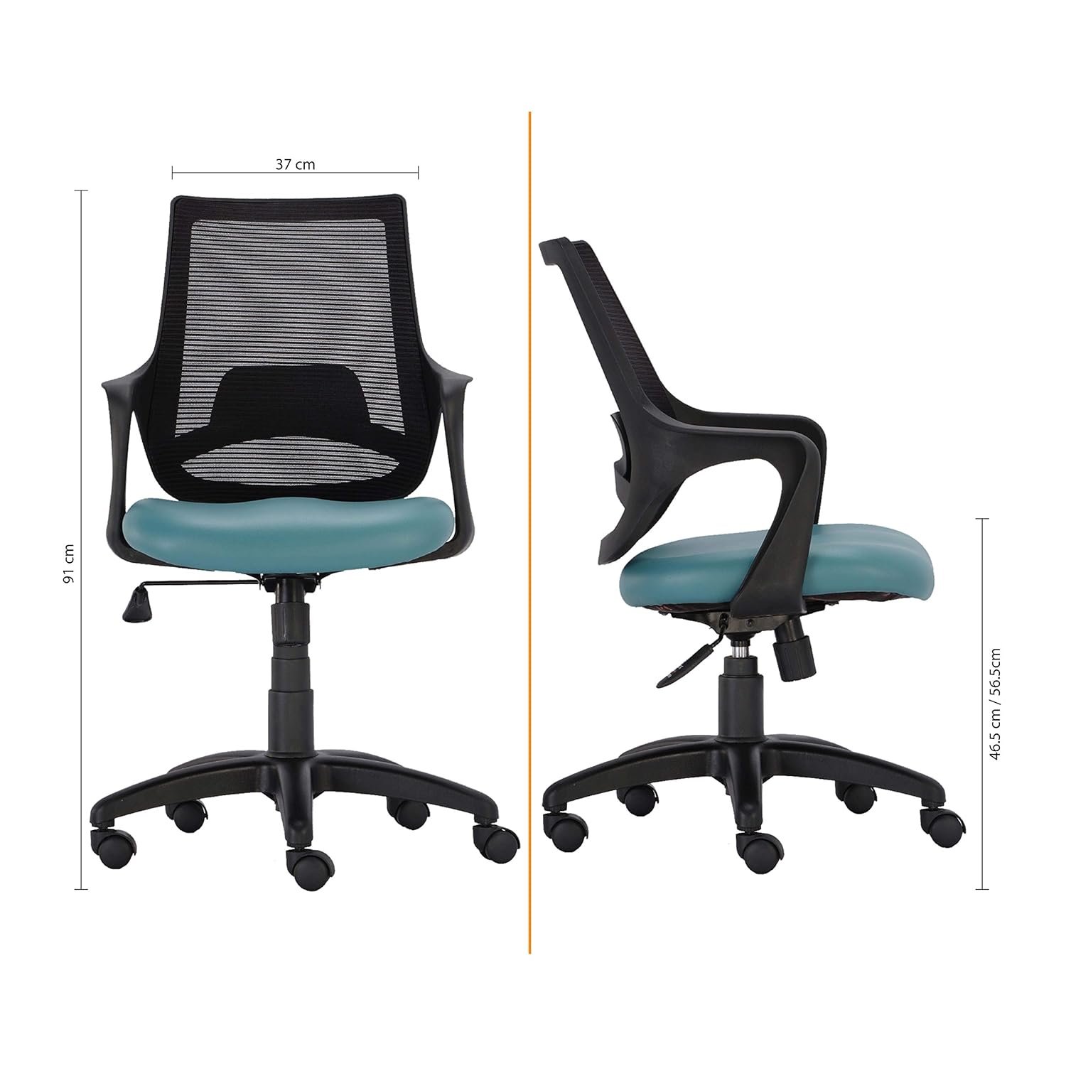 Bloom Revolving Chair Teal Blue Leatherette Seat (4) Vassio Bloom Revolving Chair Teal Blue with Leatherette Seat and Black Mesh Back – Ergonomic Office Chair for Home and Work