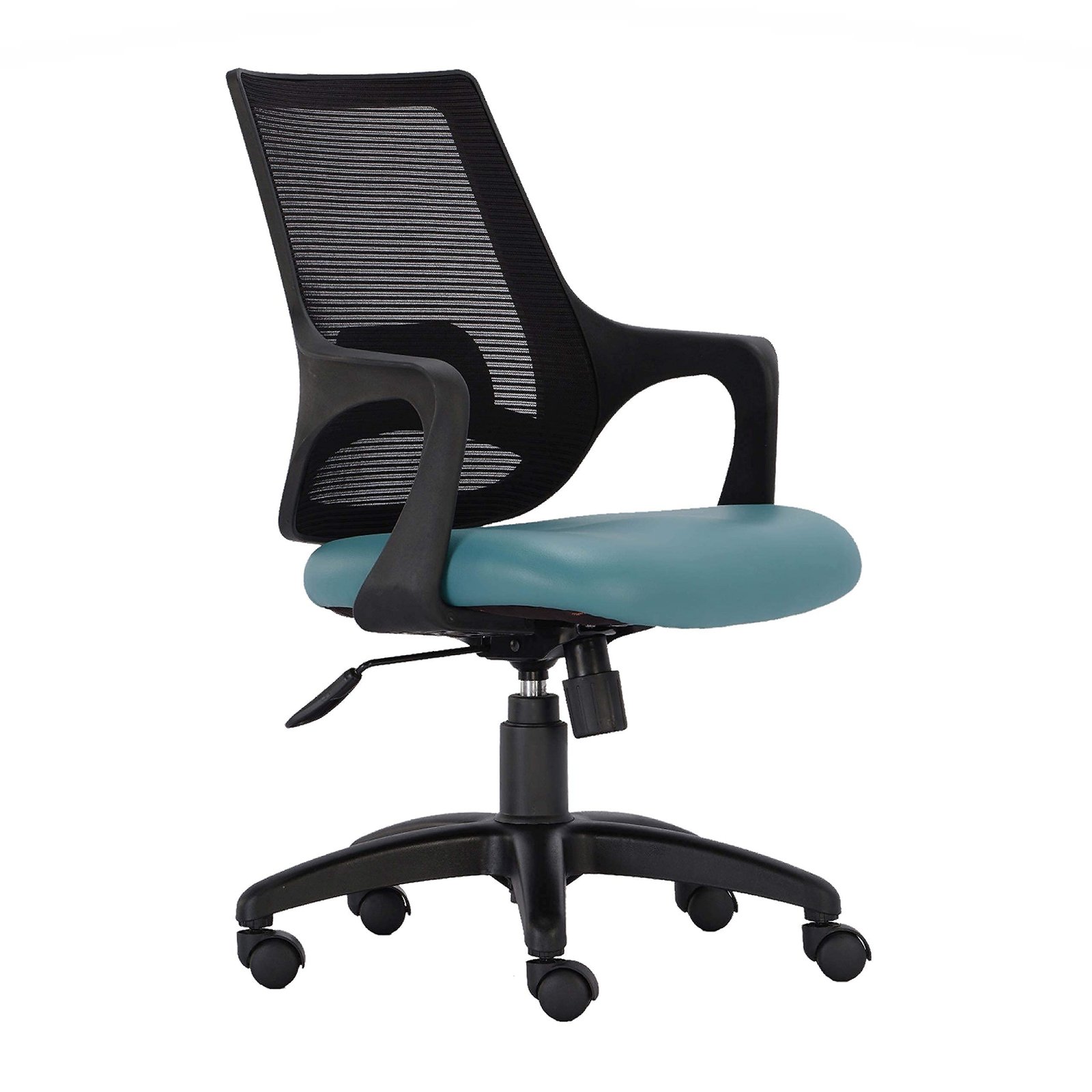 Bloom Revolving Chair Teal Blue Leatherette Seat Vassio Bloom Revolving Chair Teal Blue with Leatherette Seat and Black Mesh Back – Ergonomic Office Chair for Home and Work