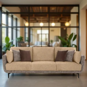 Celora 3 Seater Sofa Beige and Grey Dual Tone Fabric with Cushions Included – Premium Living Room Sofa by Vassio