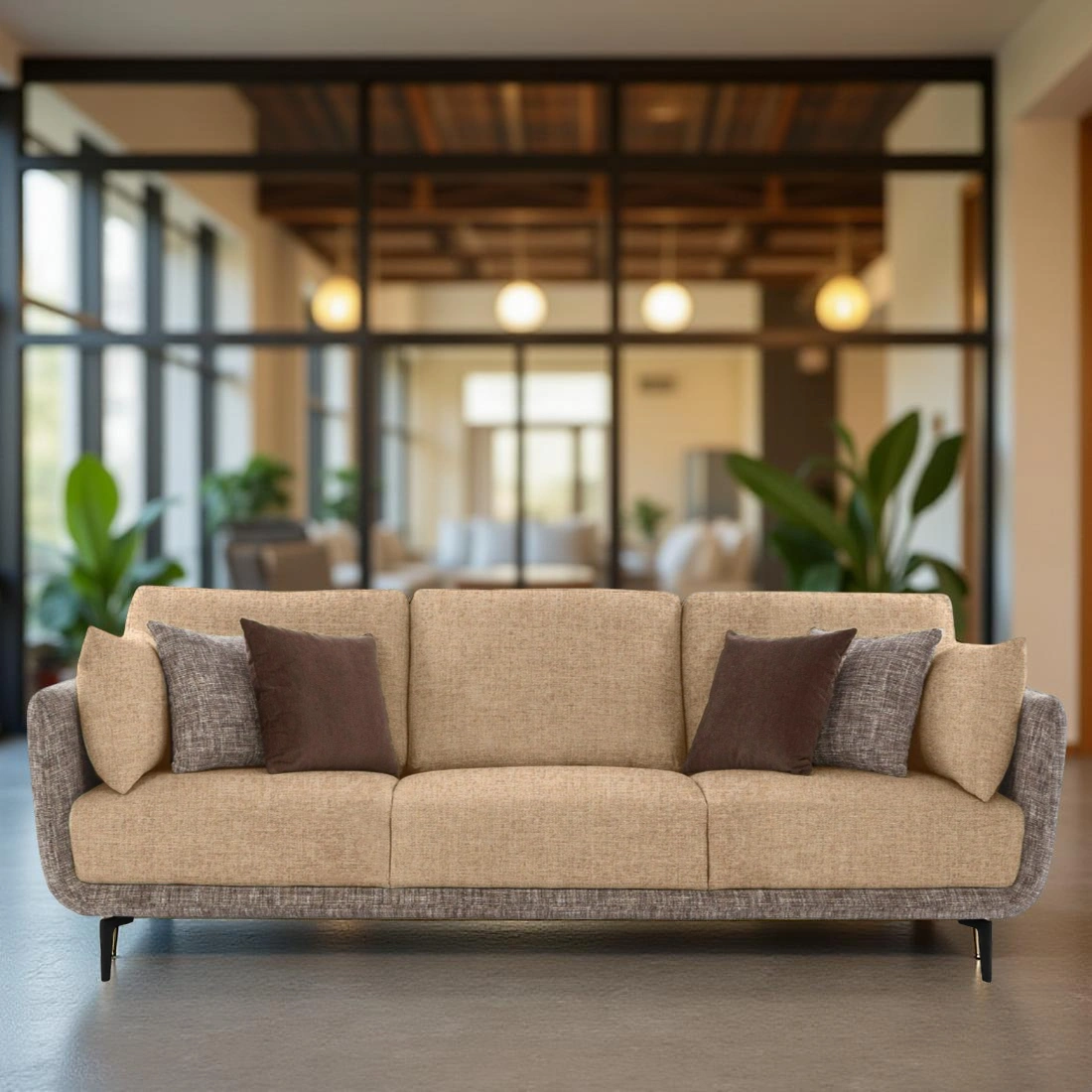 Celora 3 Seater Sofa Beige 1 Celora 3 Seater Sofa Beige and Grey Dual Tone Fabric with Cushions Included – Premium Living Room Sofa by Vassio