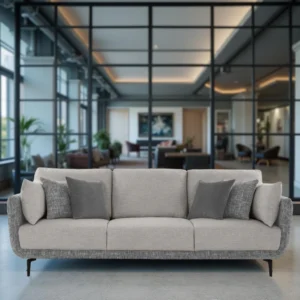 Celora 3 Seater Sofa Grey Dual Tone Fabric with Cushions Included – Premium Sofa with Foam, Spring & Recron Fibre Filling by Vassio