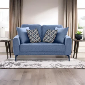 Shop the Vassio Clera 2 Seater Blue Sofa – upholstered in premium fabric with sturdy black metal legs, modern design, perfect for living rooms, offices.....