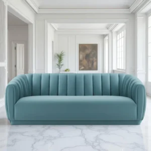 Kaira 3 Seater Sofa Blue – Contemporary Velvet Sofa with Channel Tufting by Vassio