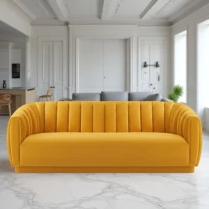 Kaira 3 Seater Sofa Yellow – Contemporary Velvet Sofa with Deep Channel Tufting and Hardwood Frame by Vassio