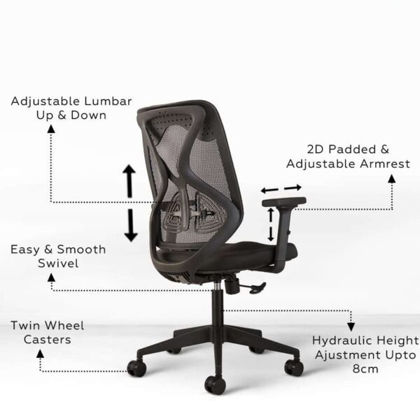 Liva Medium Back Office Chair in Black by Vassio featuring breathable mesh back, cushioned seat, adjustable height, and durable nylon base for home or office use.