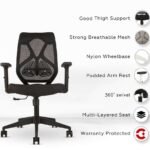 Liva Medium Back Office Chair in Black by Vassio featuring breathable mesh back, cushioned seat, adjustable height, and durable nylon base for home or office use.