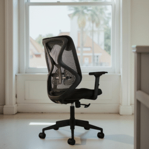 Liva Medium Back Office Chair in Black by Vassio featuring breathable mesh back, cushioned seat, adjustable height, and durable nylon base for home or office use.