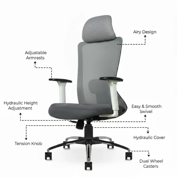 Livor High Back Office Chair White Back with Grey Mesh and Grey Seat – Vassio