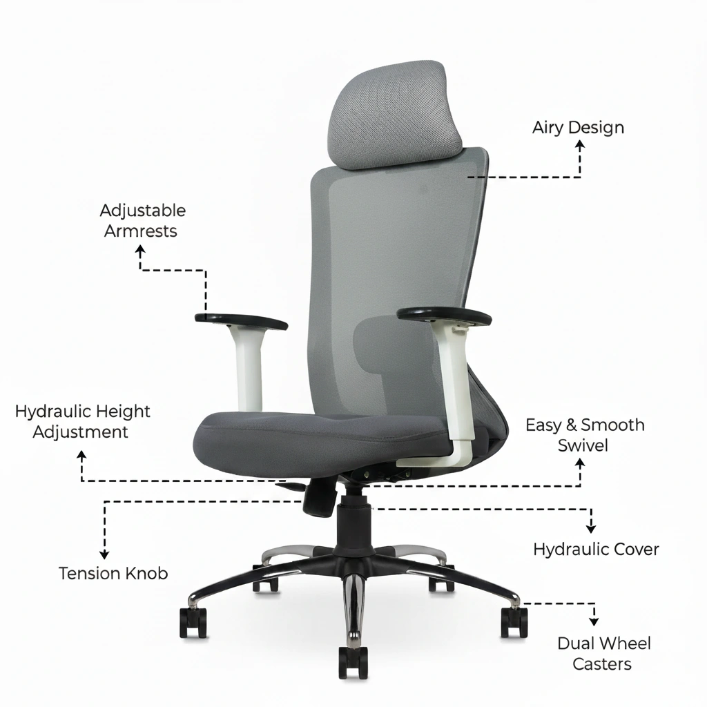 Livor HB Mesh Chair White 7 Livor High Back Office Chair White Back with Grey Mesh and Grey Seat – Vassio