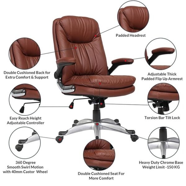 Vassio Pebble Adjustable Arm Chair Brown | Ergonomic Leatherette Office Chair