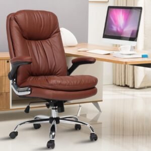 Pebble Office Chair with Adjustable Arms Tan | Vassio Ergonomic Leatherette Chair with Chrome Base