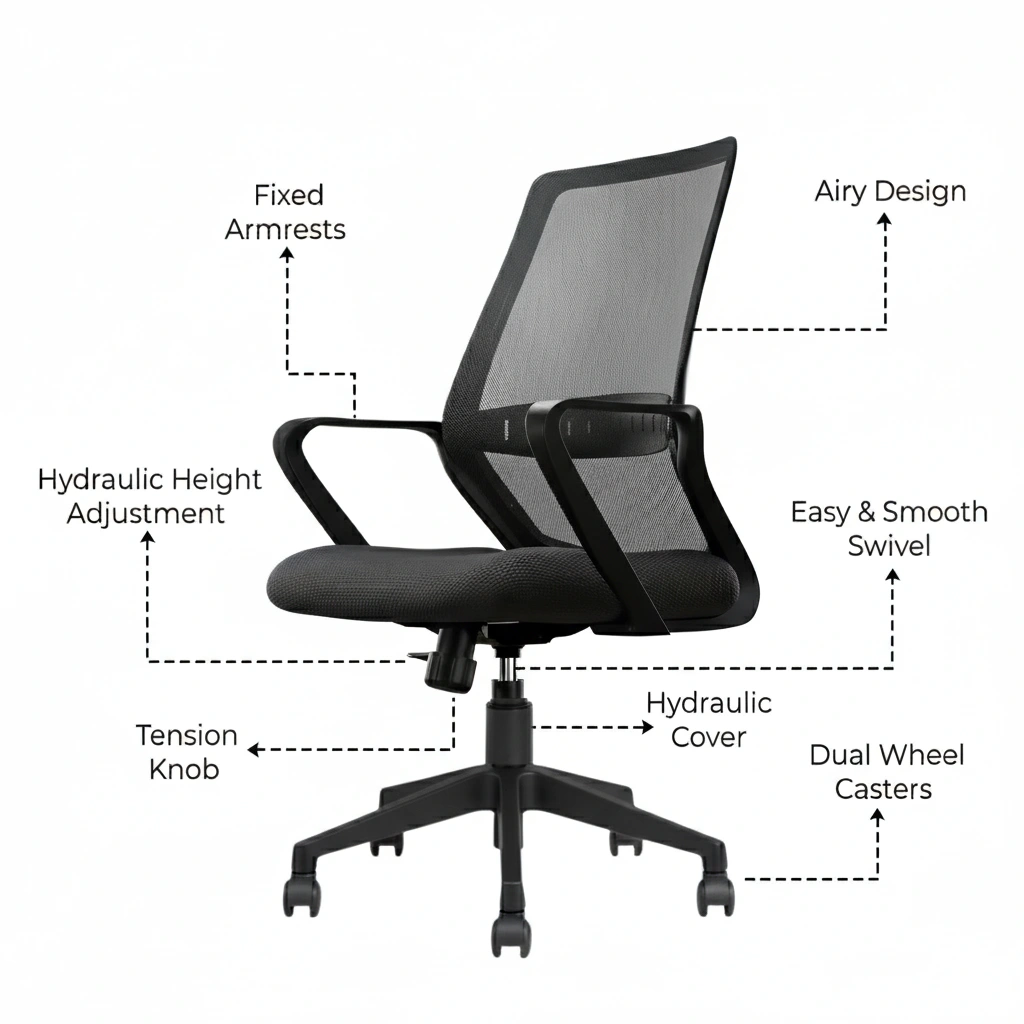 Trezza Mesh Revolving Chair Black 6 Trezza Mesh Office Chair Black with Nylon Base and Medium Back – Vassio