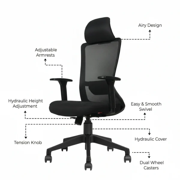 Trion Ergonomic Office Chair Full Black with Nylon Base | Premium Mesh Chair – Vassio
