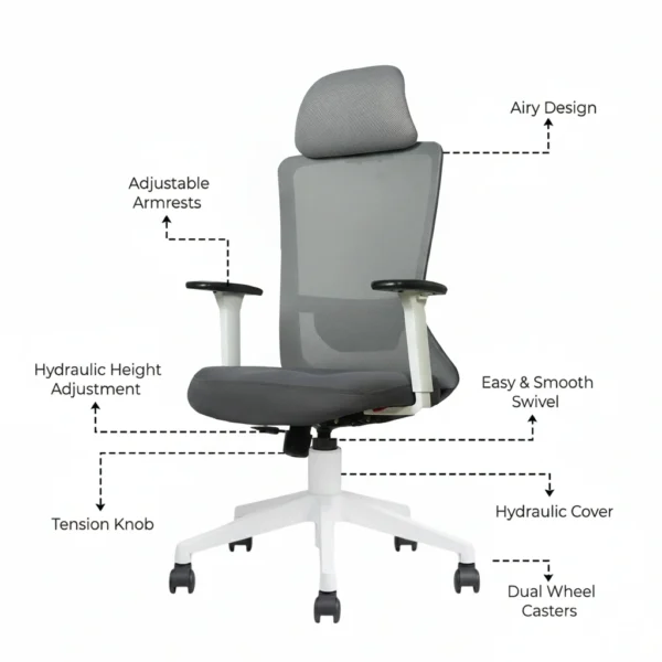 Trion Ergonomic Office Chair White Back & Grey Seat with Nylon Base | Seat Slider & 2D Adjustable Arms