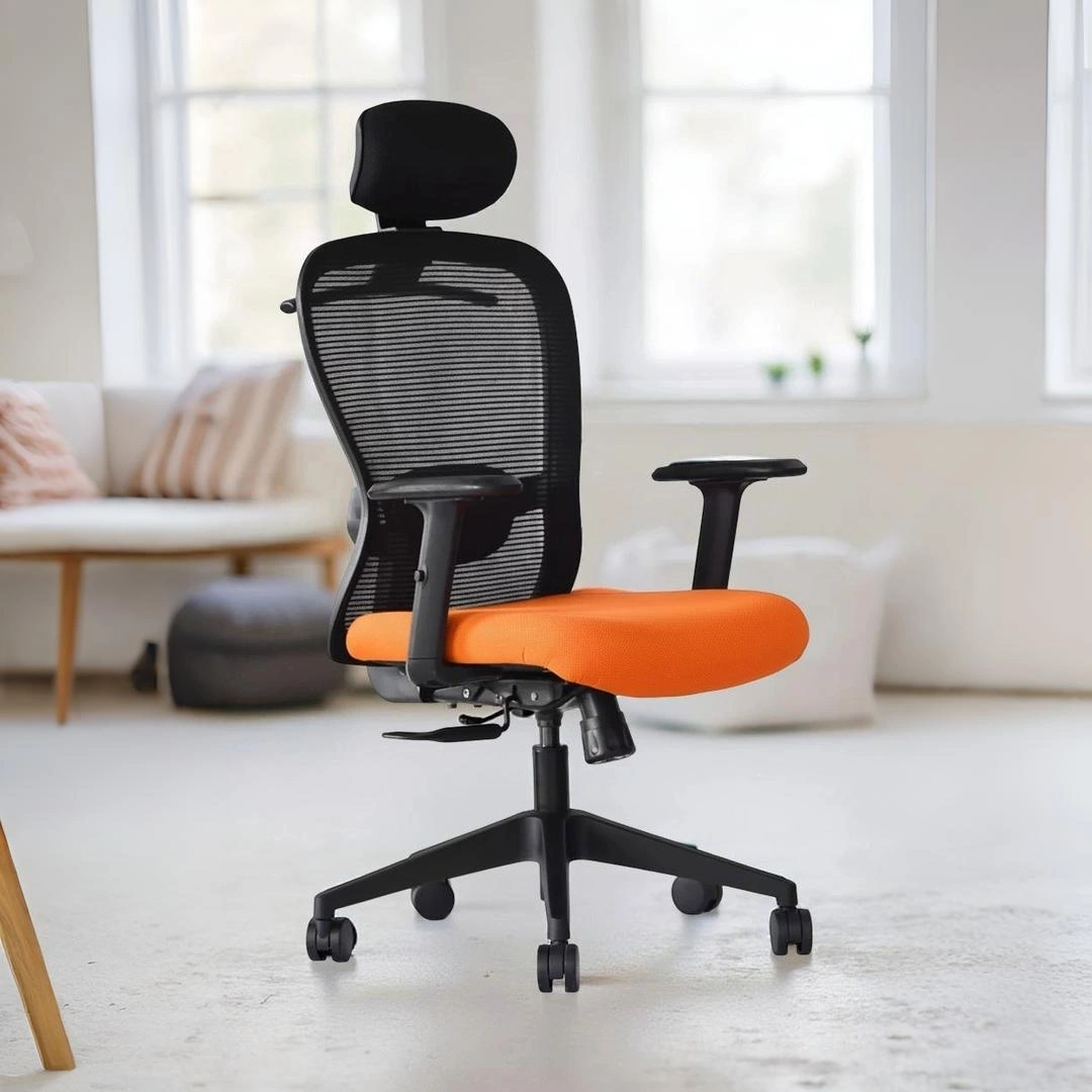 Velora High Back Orange1 Velora Orange Revolving Chair High Back | Ergonomic Mesh Design | Seat Slider, 2D Arms & Class 4 Gas Lift – Made in India