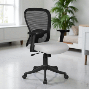 Velora Grey Medium Back Office Chair with Ergonomic Mesh, Seat Slider, 2D Arms, Nylon Base – Made in India