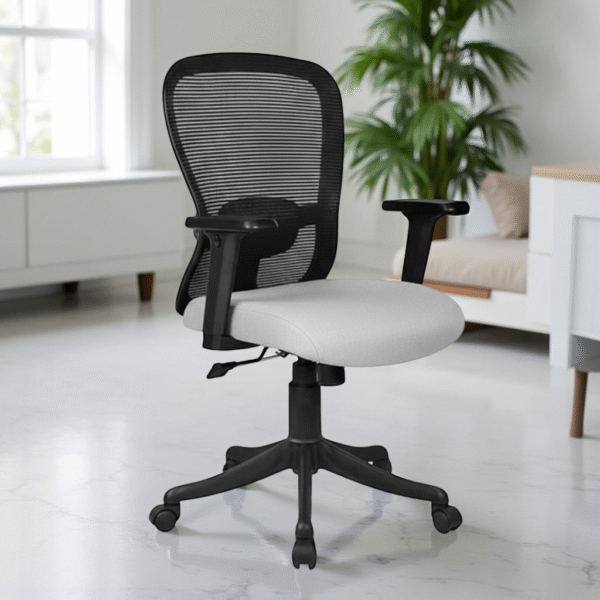 Velora Grey Medium Back Office Chair with Ergonomic Mesh, Seat Slider, 2D Arms, Nylon Base – Made in India