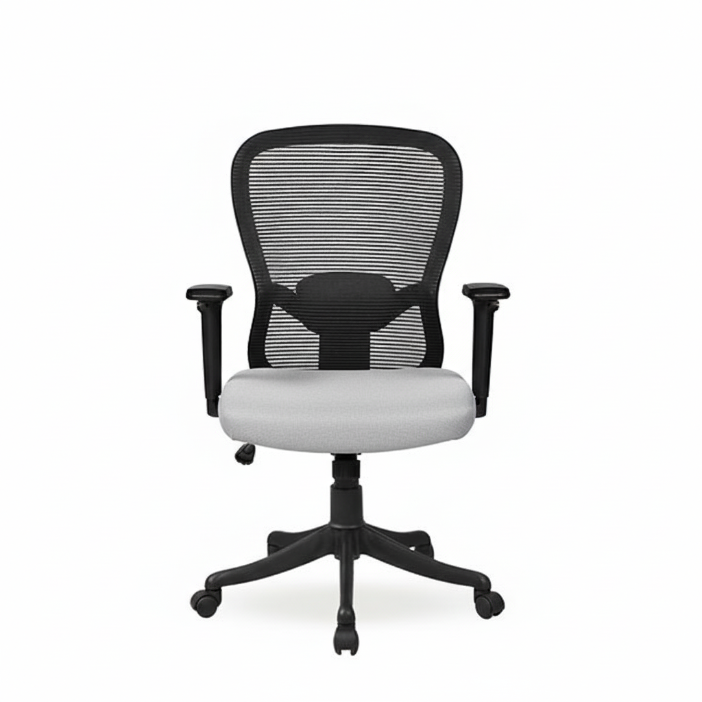 Velora Grey Medium Back Office Chair with Ergonomic Mesh, Seat Slider, 2D Arms, Nylon Base – Made in India