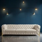 Ziora 3 Seater Cream Fabric Chesterfield Sofa with Metal Legs – Vassio