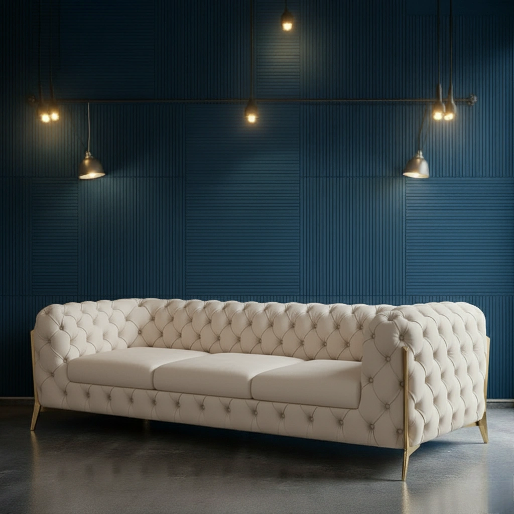 Ziora 3 Seater Cream Fabric Chesterfield Sofa with Metal Legs – Vassio