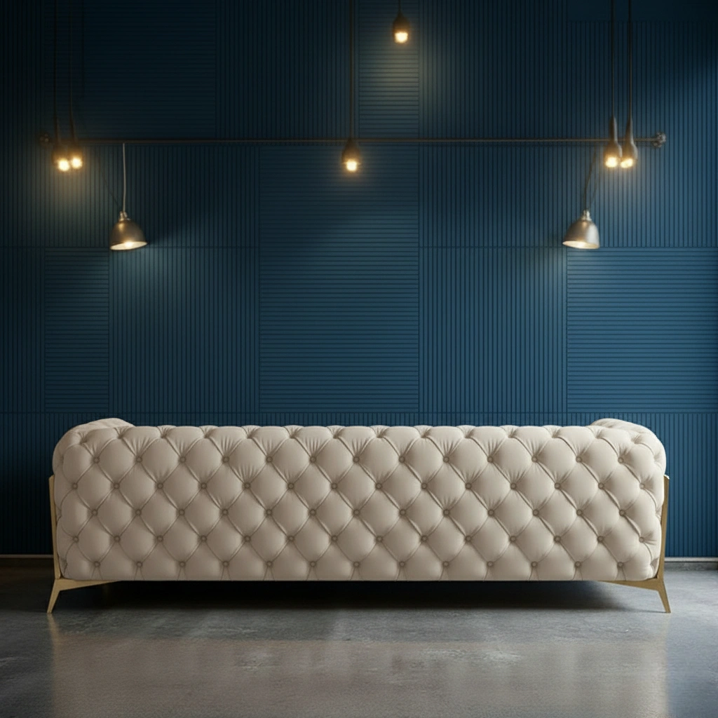 Ziora 3 Seater Cream Fabric Chesterfield Sofa with Metal Legs – Vassio