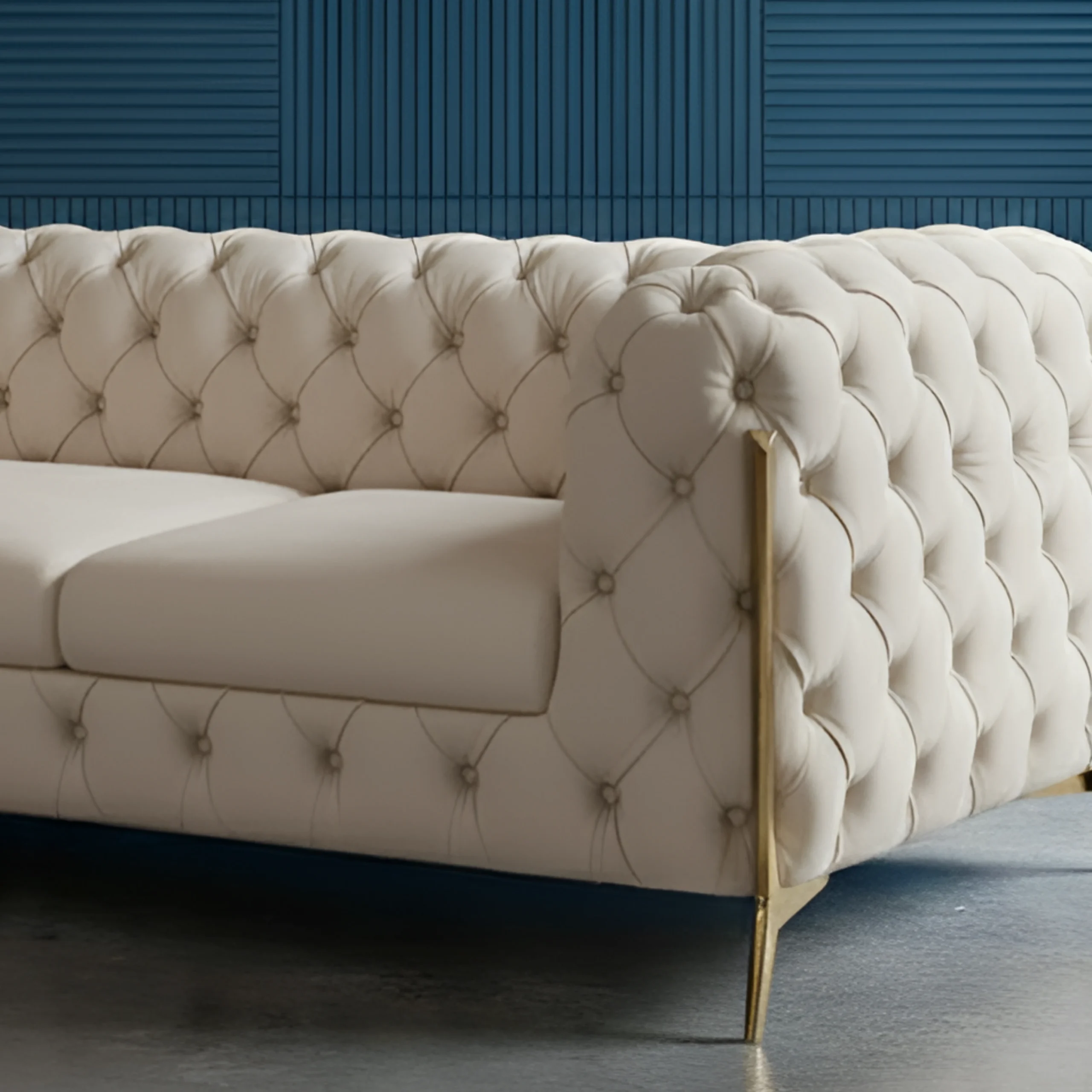 Ziora 3 Seater Cream Fabric Chesterfield Sofa with Metal Legs – Vassio