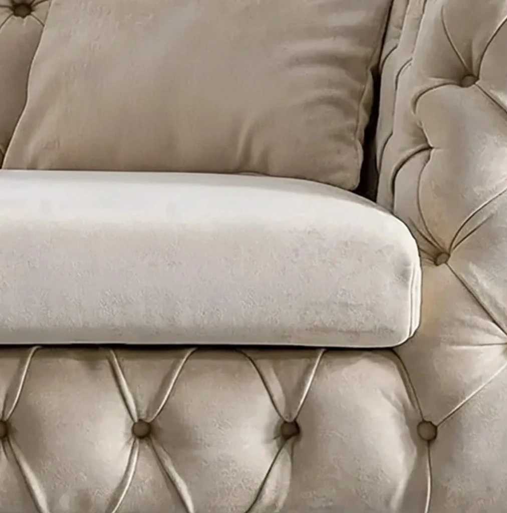 Ziora 3 Seater Cream Fabric Chesterfield Sofa with Metal Legs – Vassio
