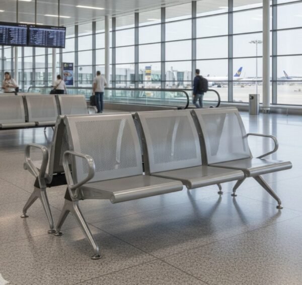 Metro Airport Waiting Chair 3 Seater | Vassio – Silver Grey Powder-Coated Metal | Waiting Area Chair for Airports & Hospitals