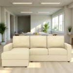 Camishia L Shape RHS Cream Leather Fabric Sofa by Vassio