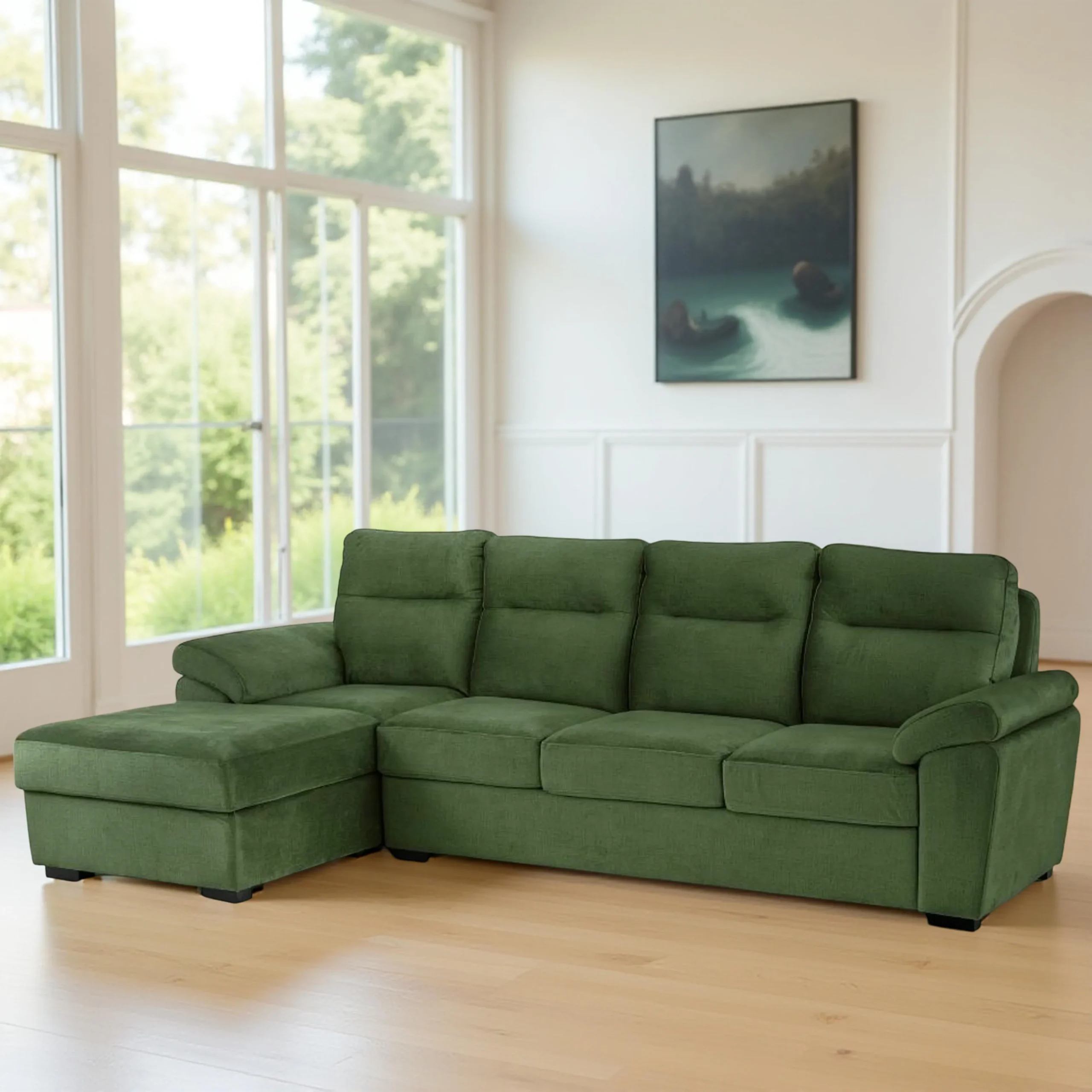 Ojas RHS Sofa Set Green premium fabric L shape sofa by Vassio