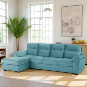 Ojas RHS Sofa Set Light Blue premium fabric L shape sofa by Vassio
