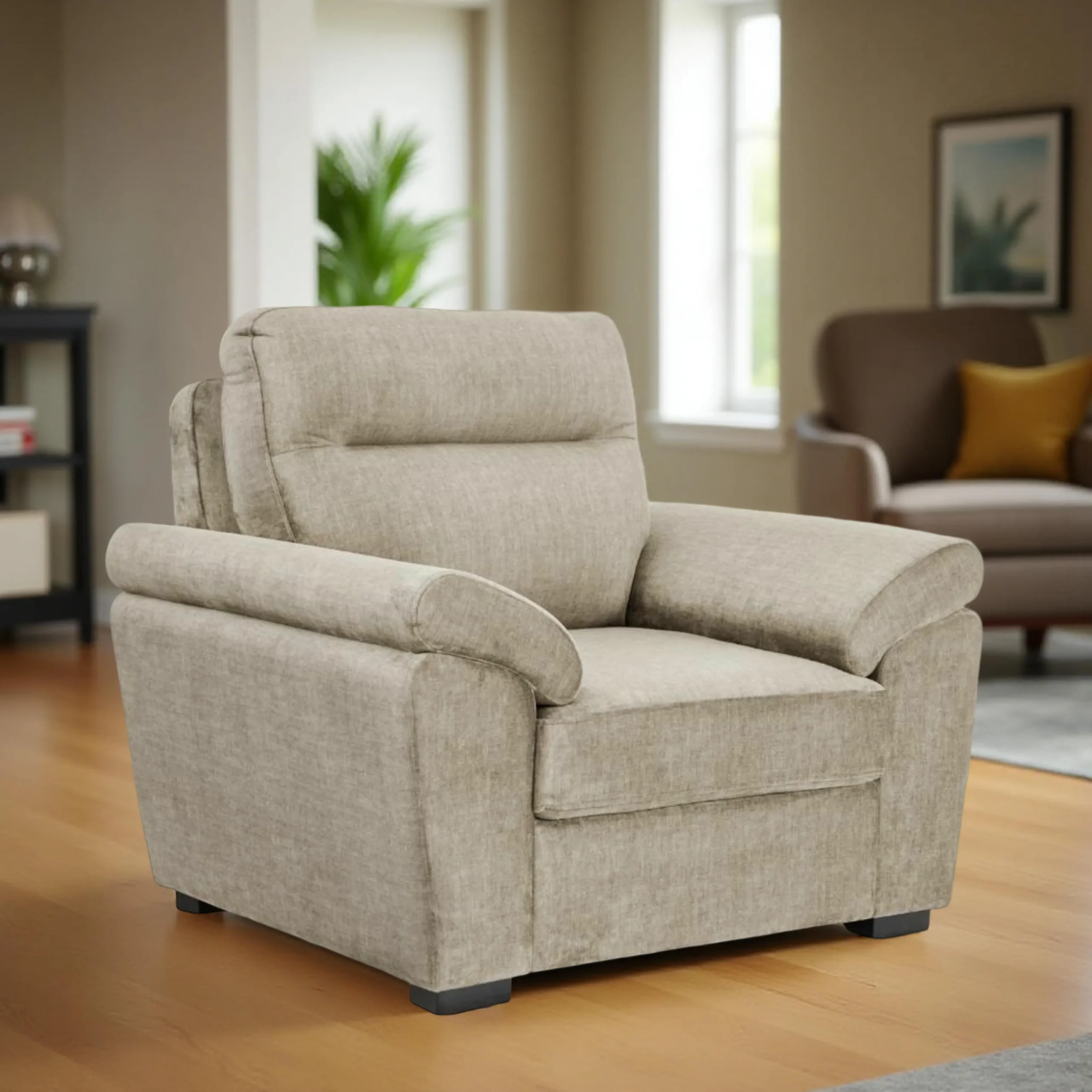 Ojas 1 Seater Sofa Beige premium fabric arm chair by Vassio