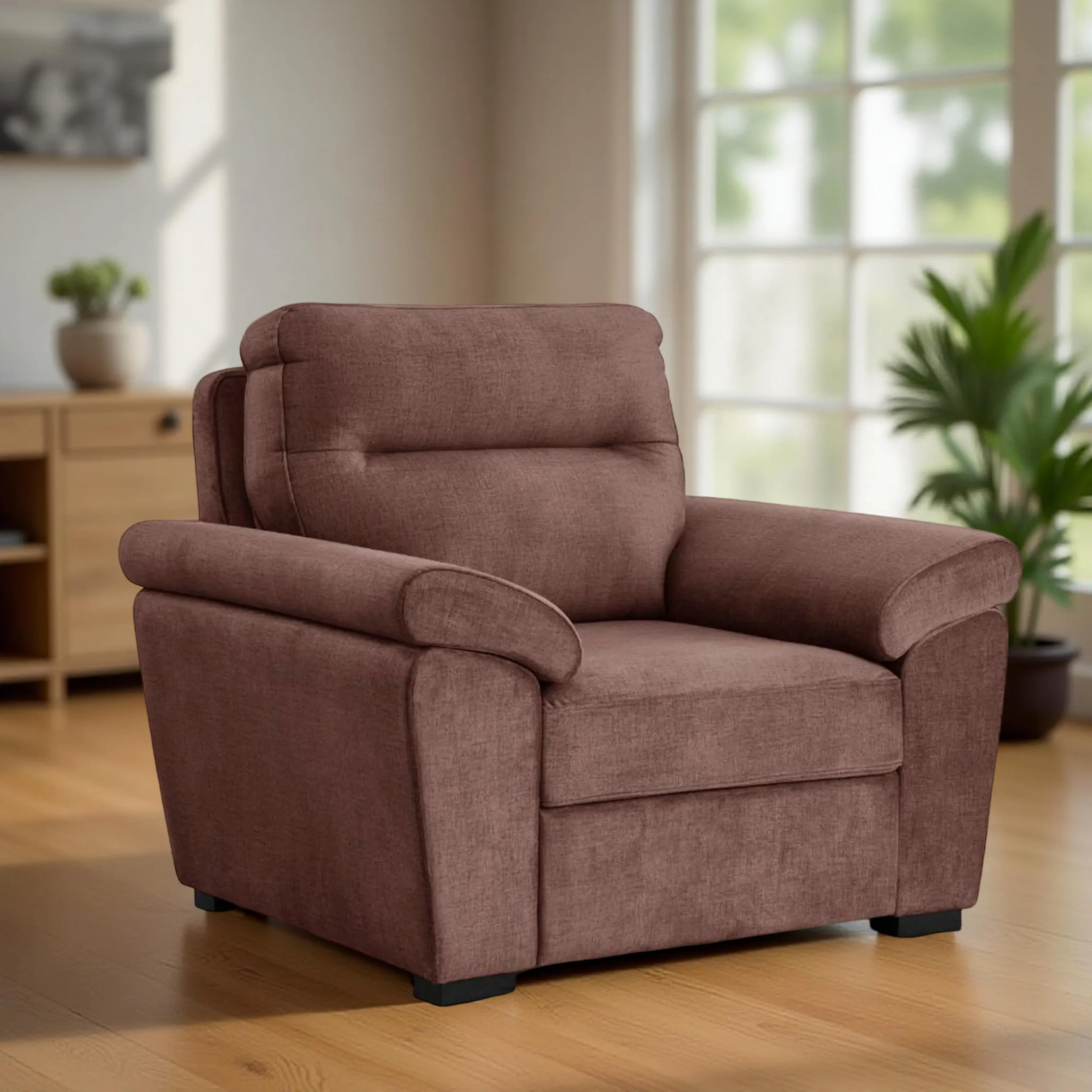 Ojas 1 Seater Sofa Brown premium fabric arm chair by Vassio