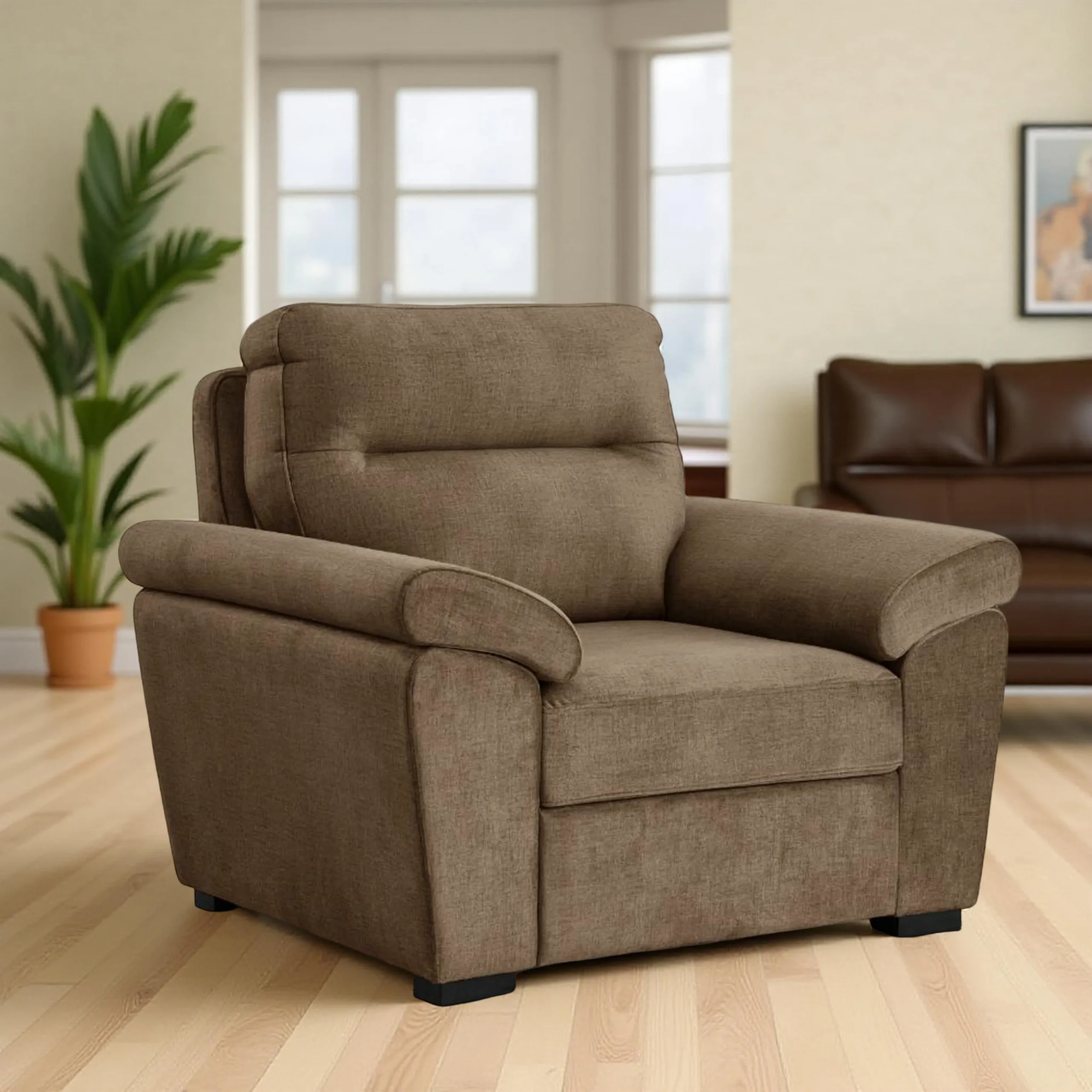 Ojas 1 Seater Sofa Camel Brown premium fabric arm chair by Vassio