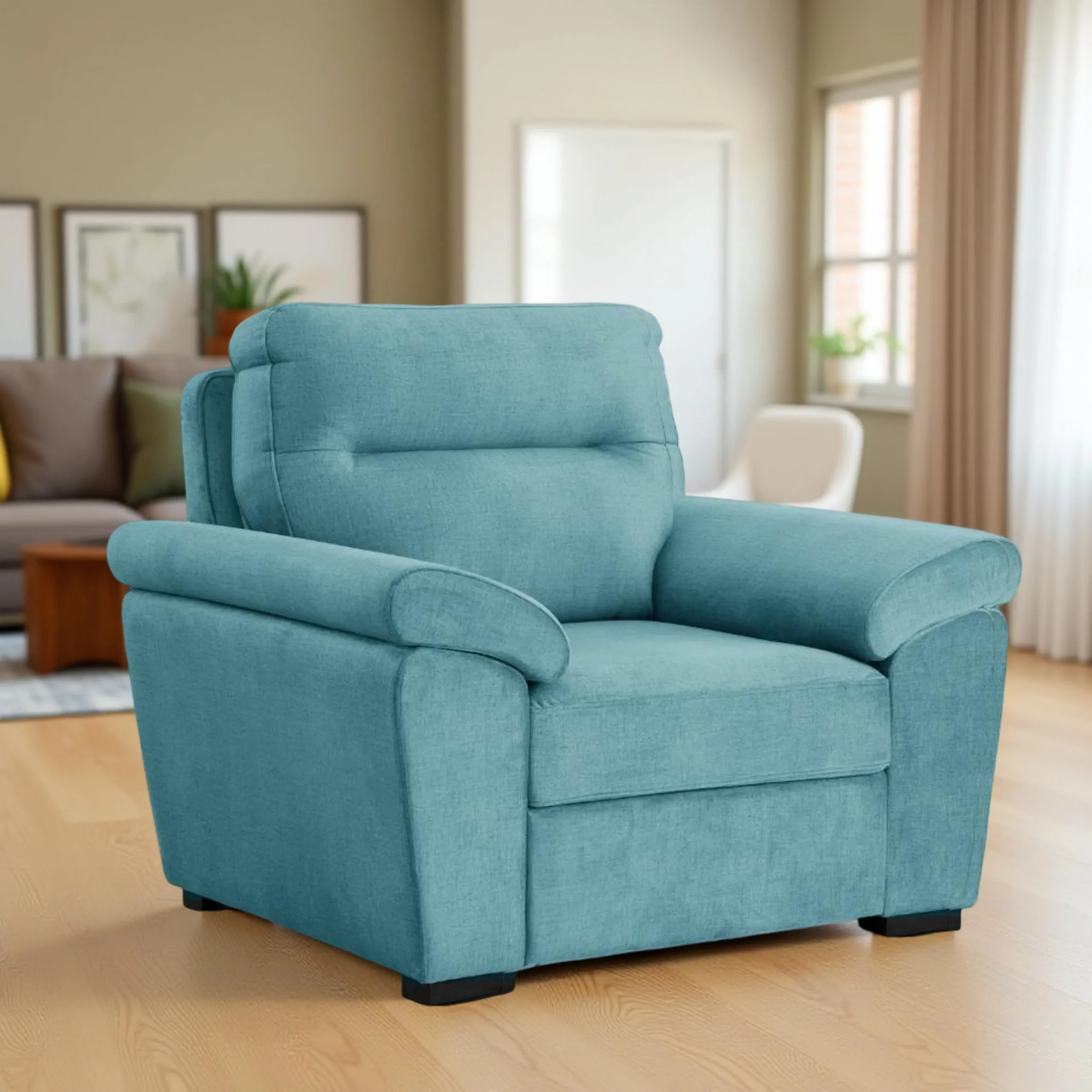 Ojas 1 Seater Sofa Light Blue premium fabric arm chair by Vassio