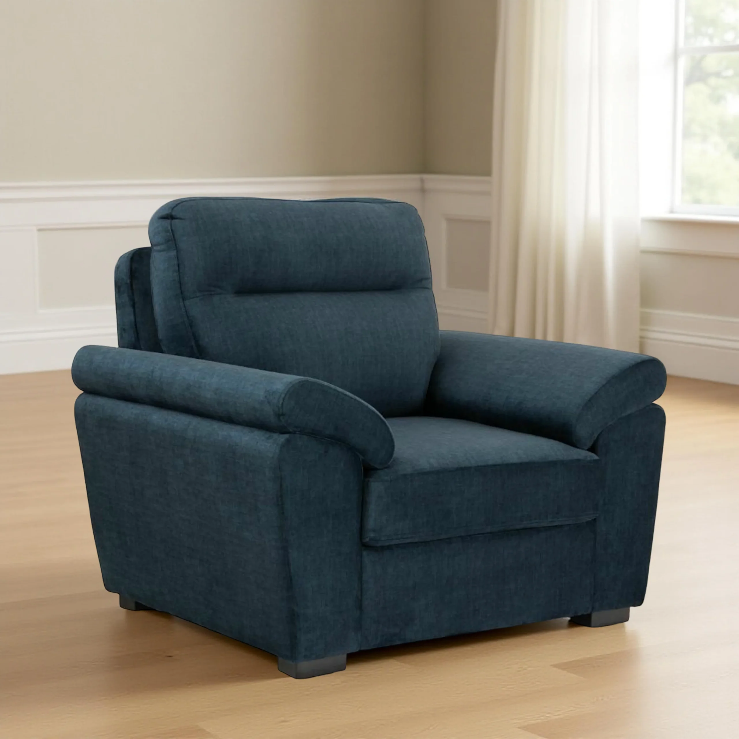 Ojas 1 Seater Sofa Navy Blue premium fabric arm chair by Vassio