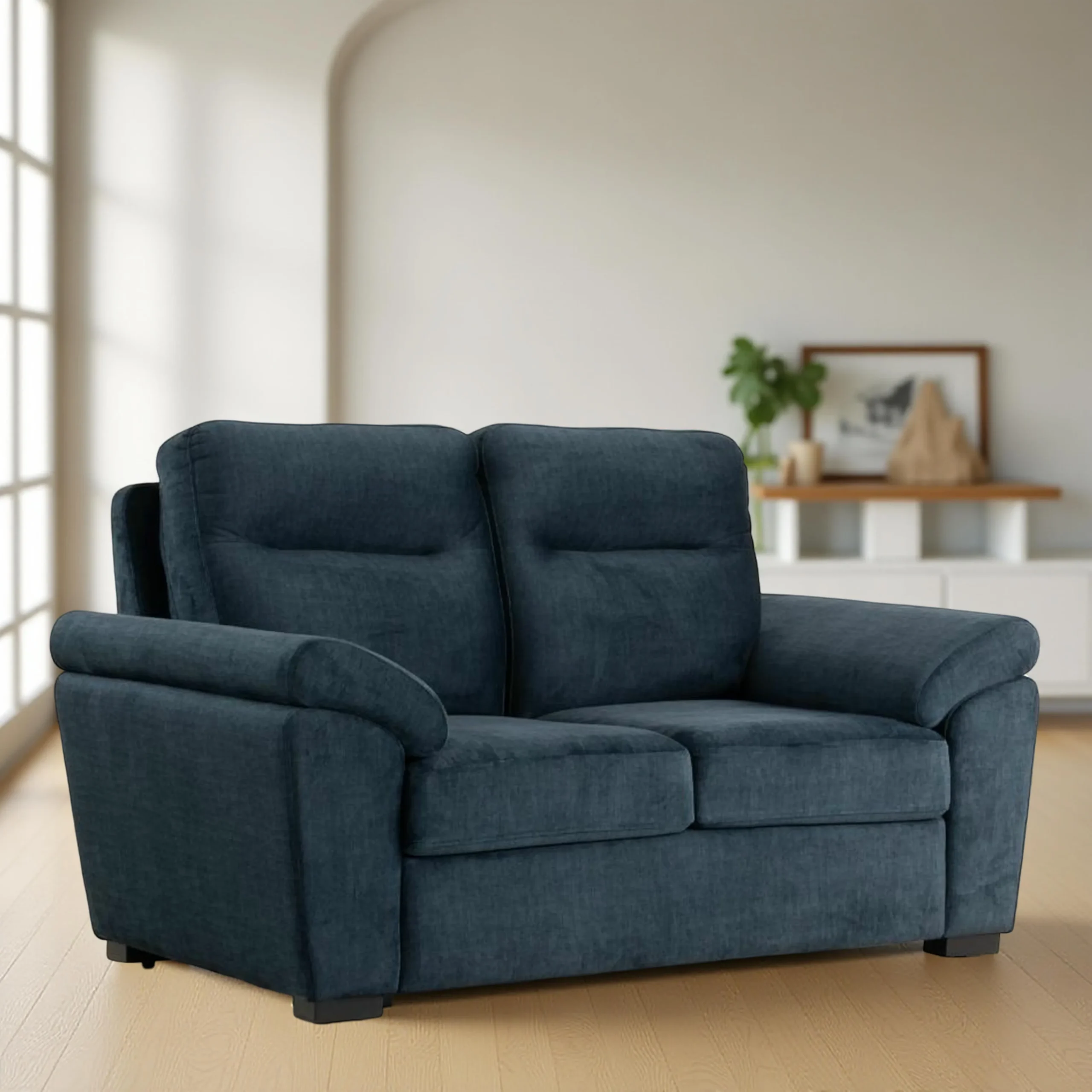 Ojas 2 Seater Sofa Navy Blue premium fabric modern sofa by Vassio