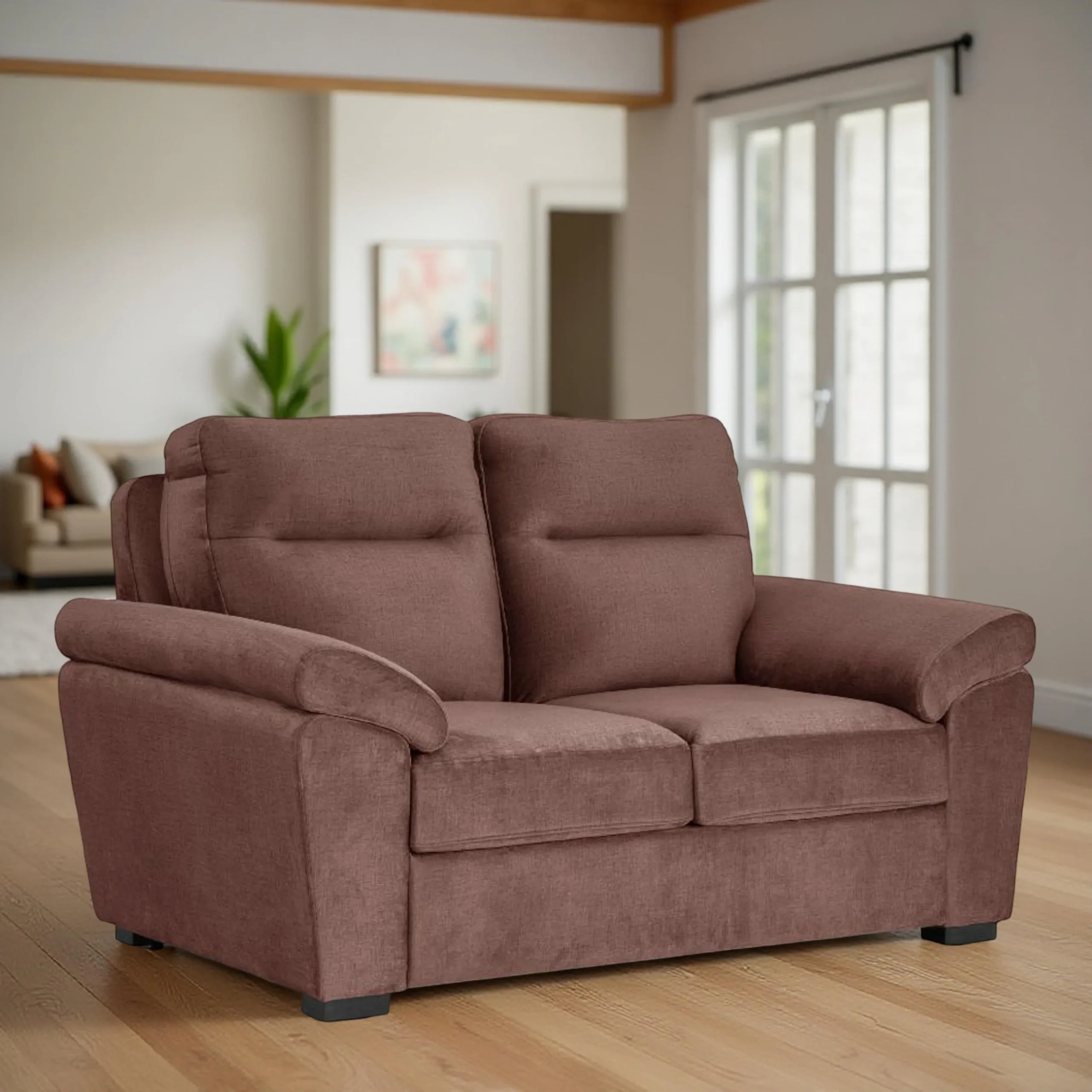Ojas 2 Seater Sofa Brown premium fabric modern sofa by Vassio