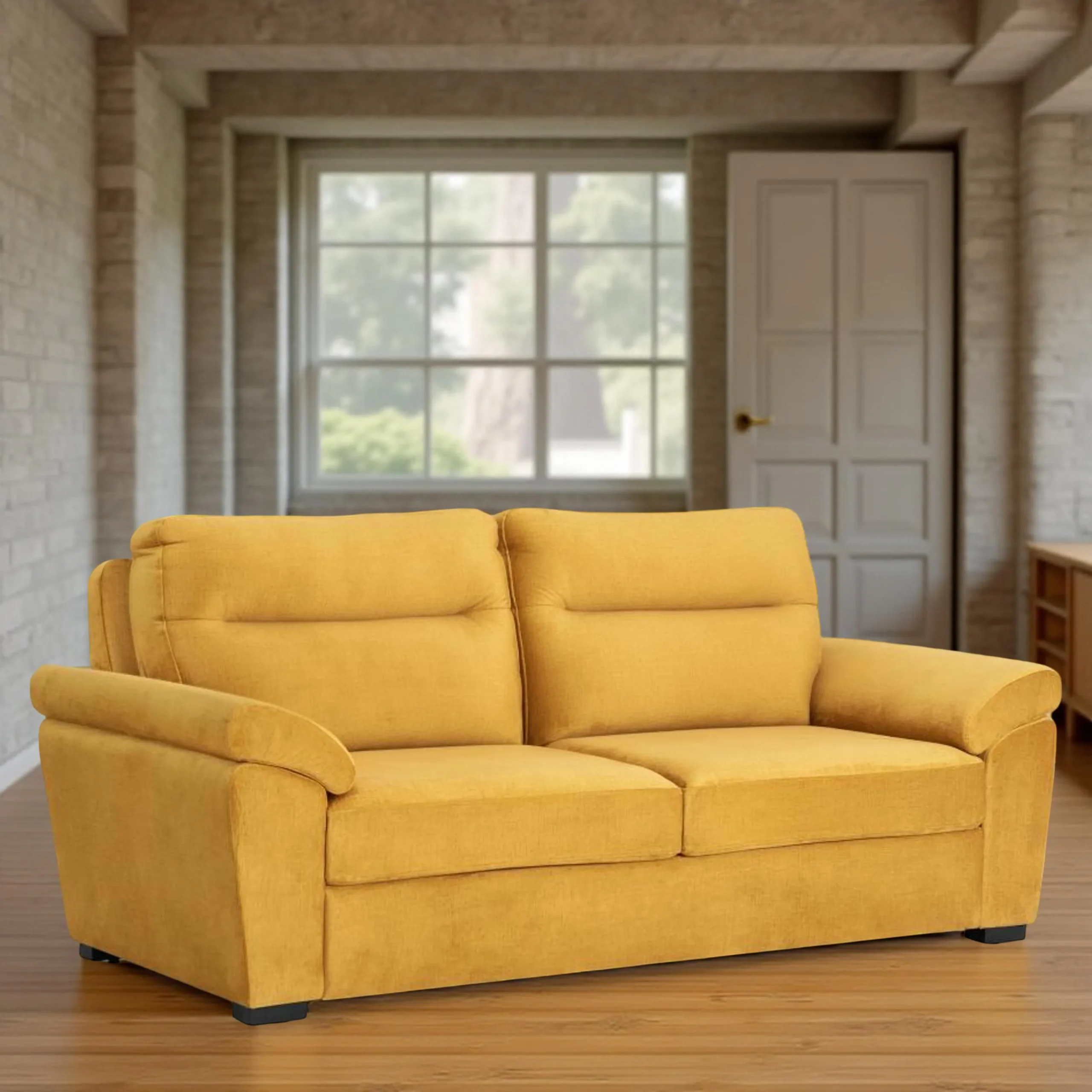 Ojas 3 Seater Sofa Yellow premium fabric modern sofa by Vassio