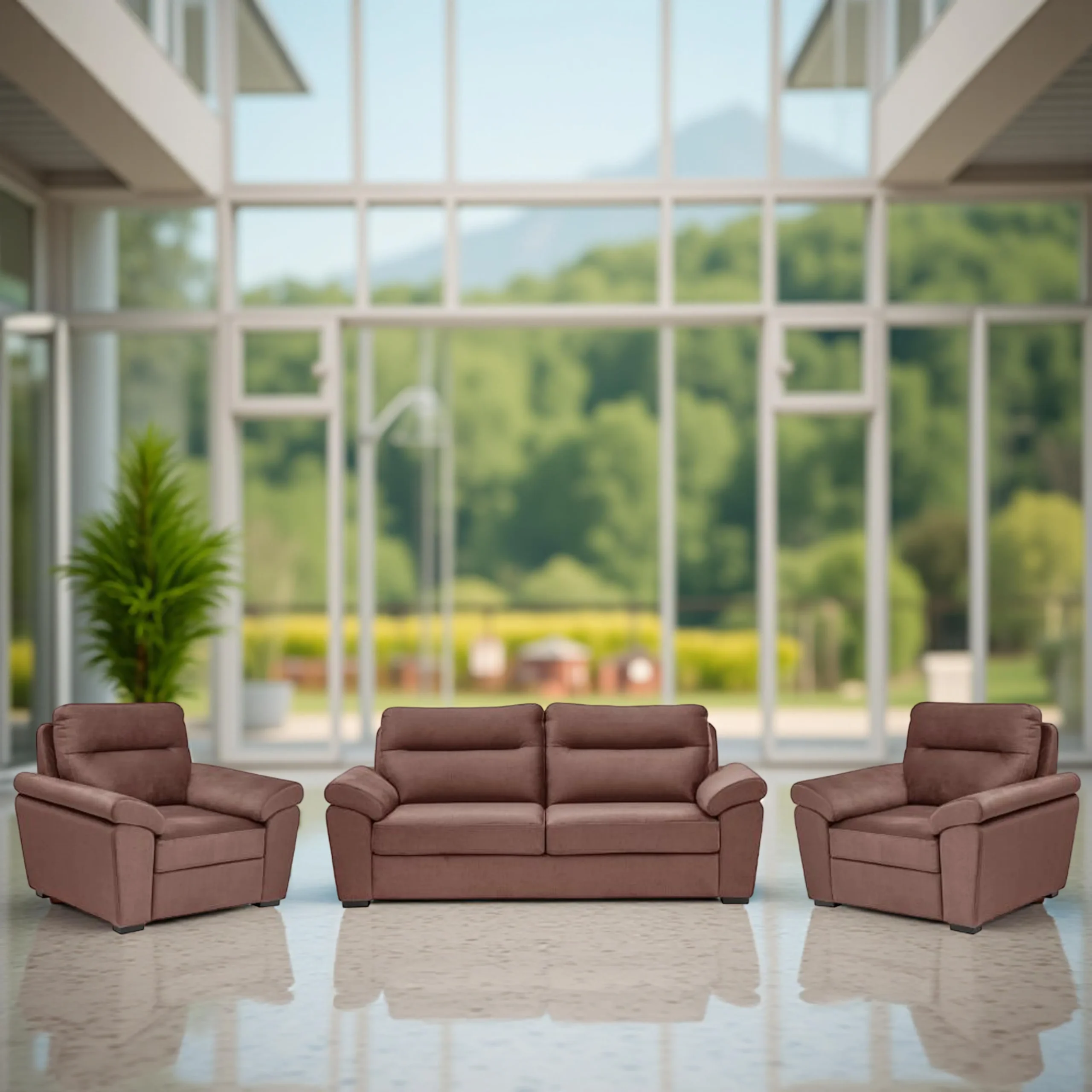 Ojas 3+1+1 Seater Sofa Set Brown premium fabric modern design by Vassio