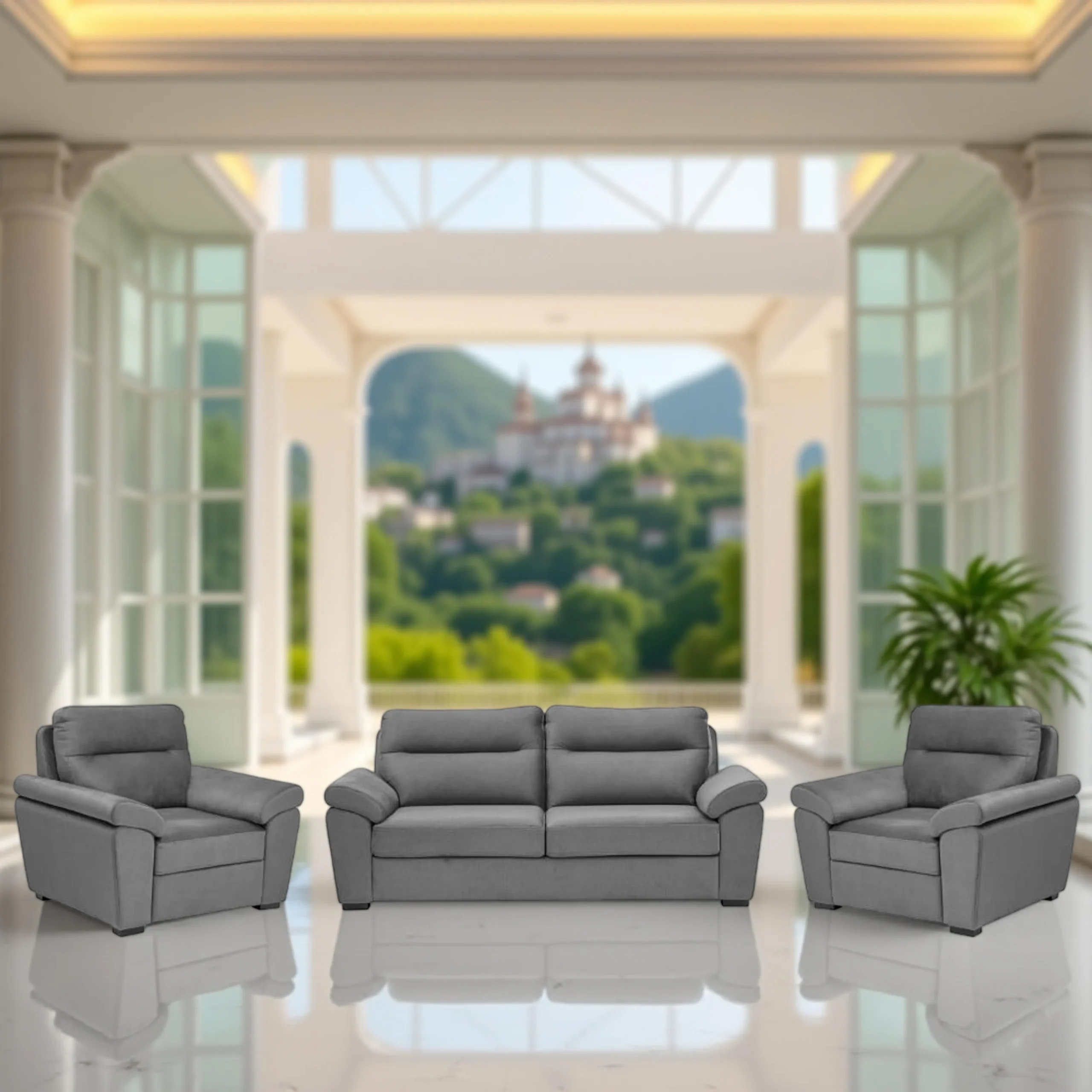 Ojas 3+1+1 Seater Sofa Set Grey premium fabric modern design by Vassio